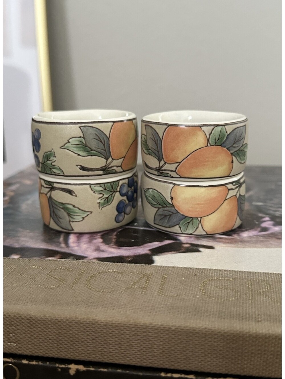 Mikasa Garden Harvest Napkin Rings Set of 4 New in Box Fruit Pattern Stoneware